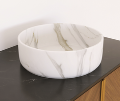 14'' Bathroom Sink, Round Vessel Ceramic Sink with Stone Pattern without Faucet, NO Cabinet, Glossy White
