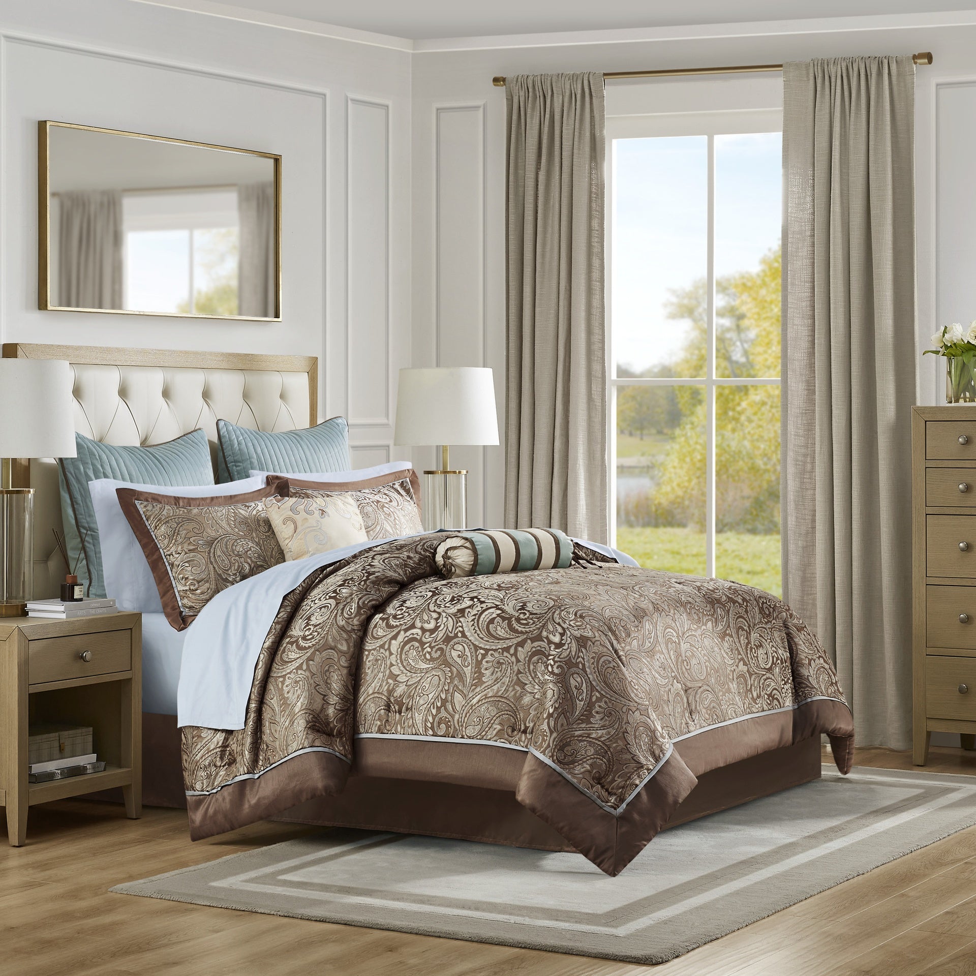 12 Piece Comforter Set with Cotton Bed Sheets Blue/Brown Queen