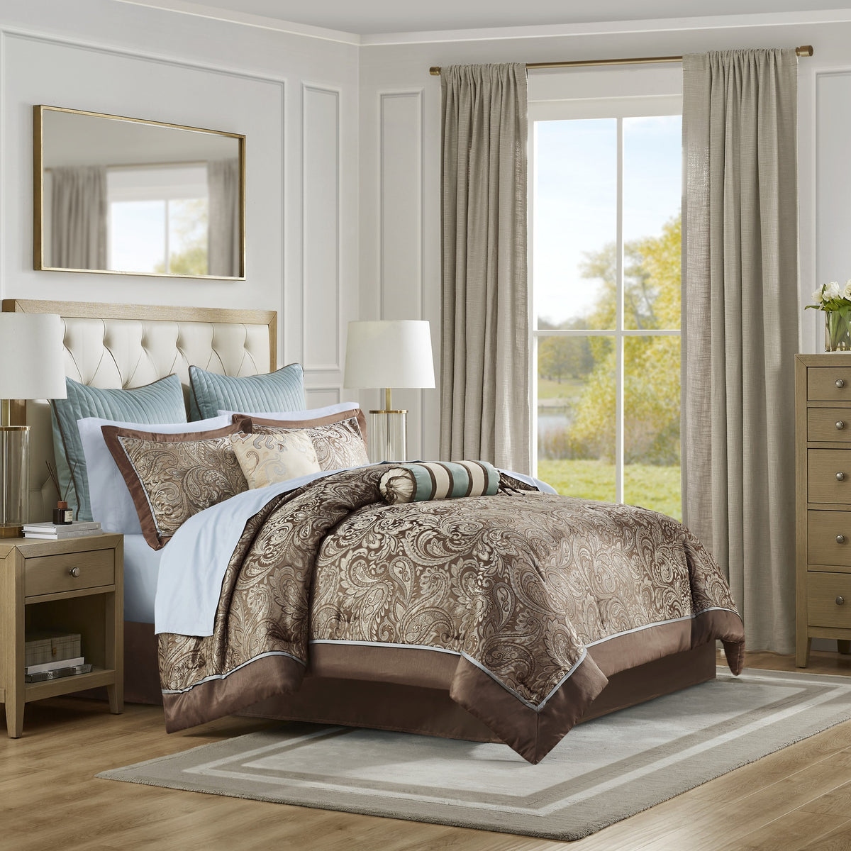 12 Piece Comforter Set with Cotton Bed Sheets Blue/Brown Queen