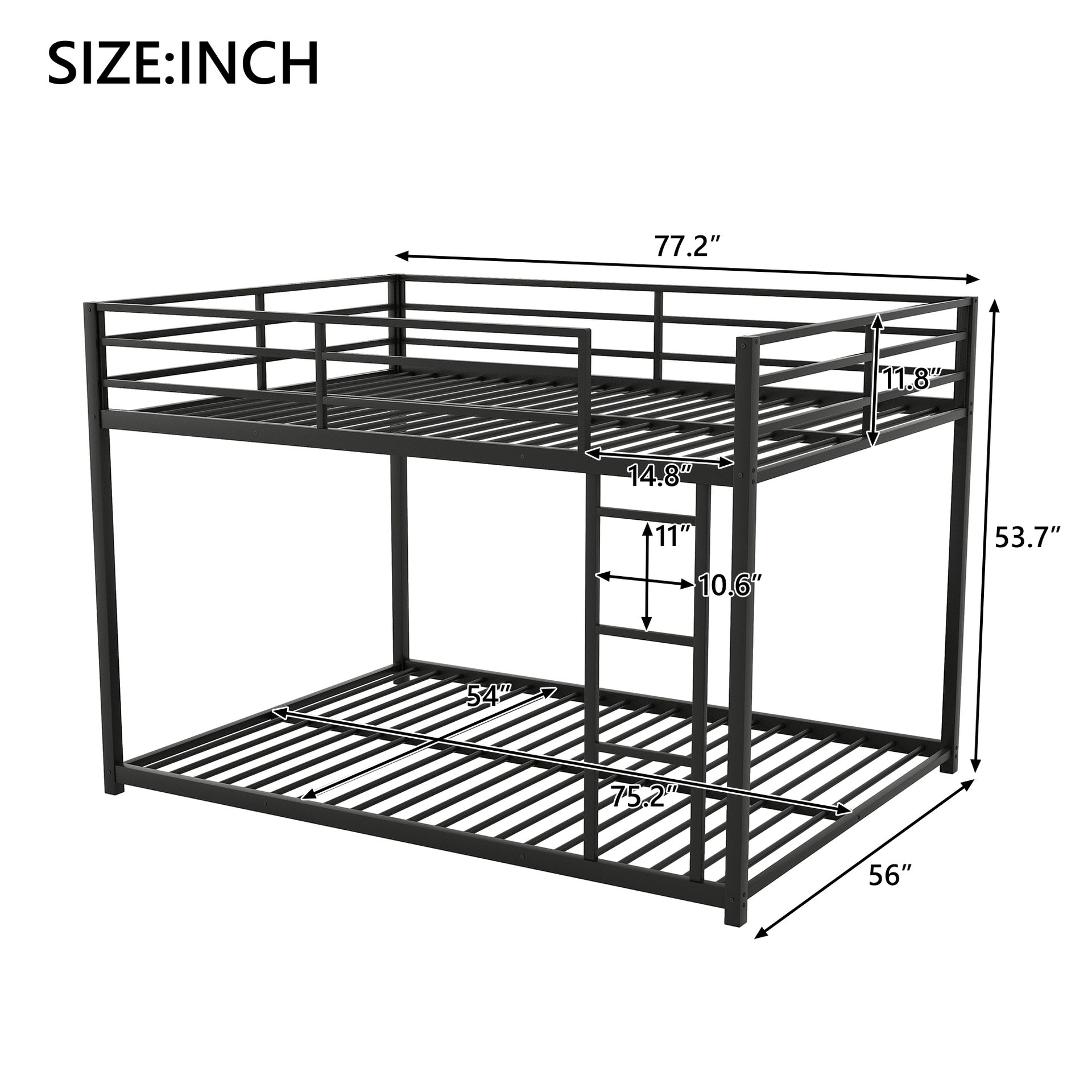 Full over Full Metal Bunk Bed, Low Bunk Bed with Ladder, Black