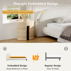 King Size Bed Frame with Boucle Fabric, Upholstered Platform Bed with Curve-Shaped Design & Thick Headboard, White