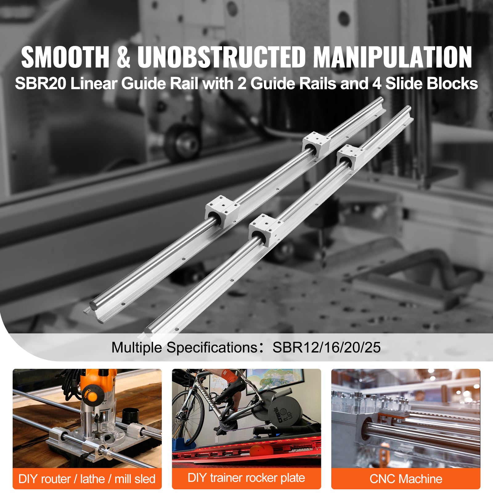 Linear Guide Rail Set, SBR20 2200mm, 2 PCS 86.6 in/2200 mm SBR20 Guide Rails and 4 PCS SBR20UU Slide Blocks, Linear Rails and Bearings Kit for Automated Machines DIY Project CNC Router Machines