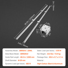 Linear Guide Rail Set, SBR20 2200mm, 2 PCS 86.6 in/2200 mm SBR20 Guide Rails and 4 PCS SBR20UU Slide Blocks, Linear Rails and Bearings Kit for Automated Machines DIY Project CNC Router Machines