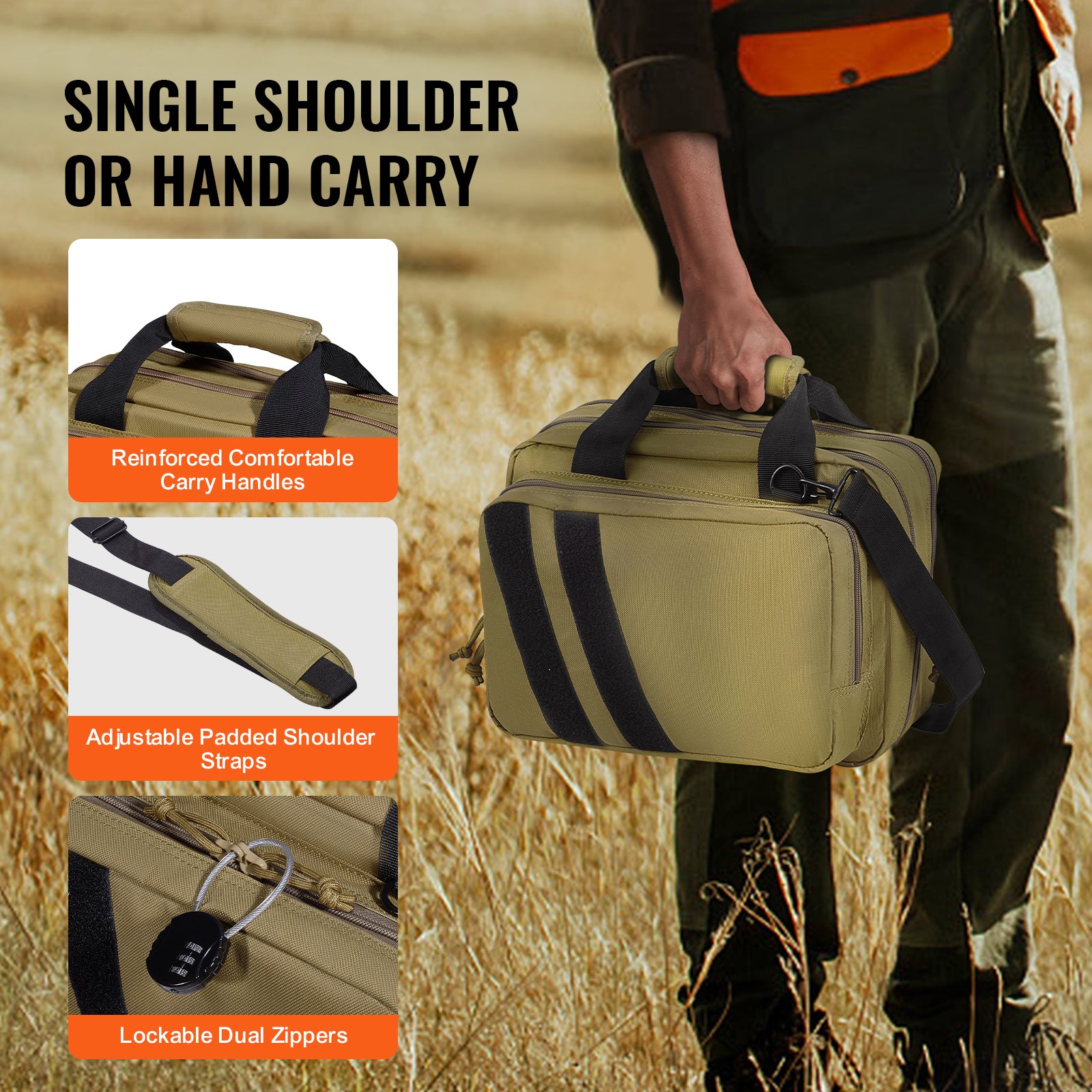 Range Bag for 2 Pistols, Tactical Gun Bag with 2 Built-in Removable Pistol Bags & 6 Detachable Magazines, Gun Range Bag for Outdoor Hunting Shooting, Lockable Carrying Handgun Bag Case, Brown