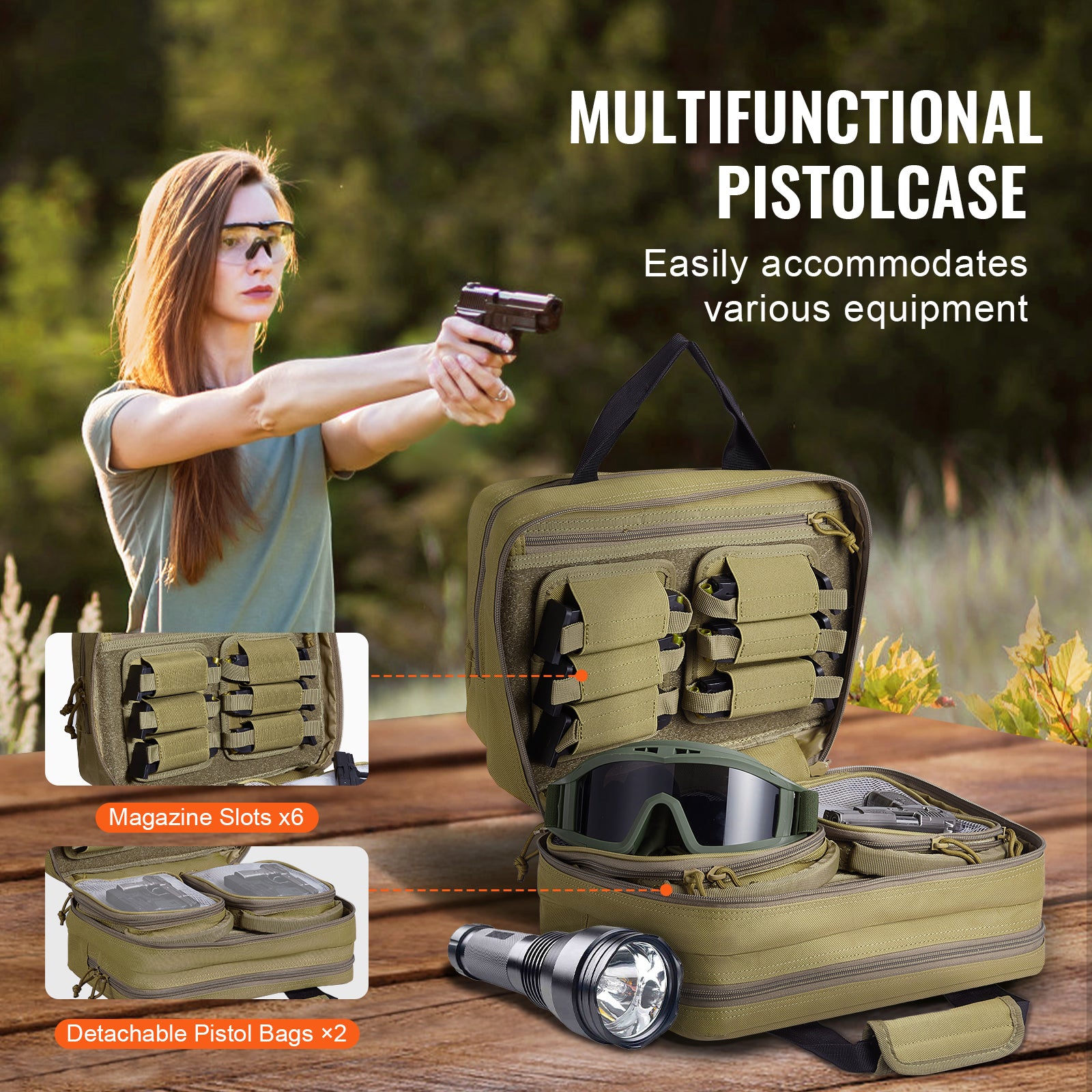 Range Bag for 2 Pistols, Tactical Gun Bag with 2 Built-in Removable Pistol Bags & 6 Detachable Magazines, Gun Range Bag for Outdoor Hunting Shooting, Lockable Carrying Handgun Bag Case, Brown