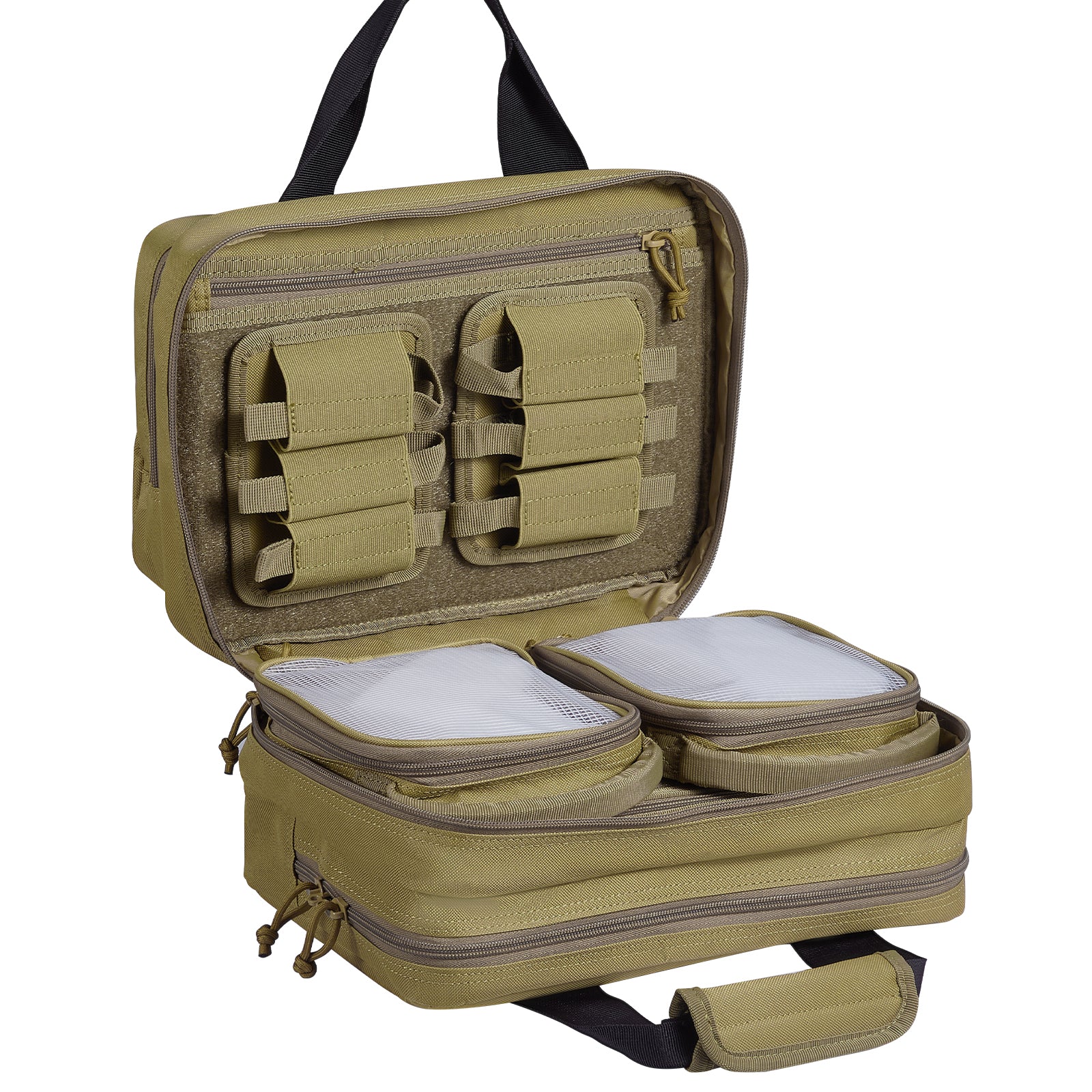 Range Bag for 2 Pistols, Tactical Gun Bag with 2 Built-in Removable Pistol Bags & 6 Detachable Magazines, Gun Range Bag for Outdoor Hunting Shooting, Lockable Carrying Handgun Bag Case, Brown
