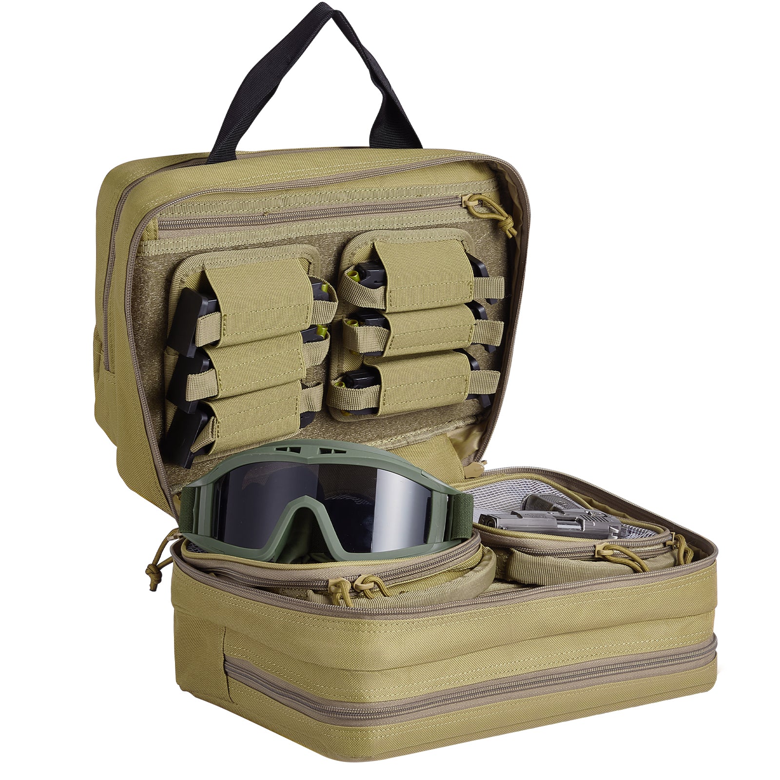 Range Bag for 2 Pistols, Tactical Gun Bag with 2 Built-in Removable Pistol Bags & 6 Detachable Magazines, Gun Range Bag for Outdoor Hunting Shooting, Lockable Carrying Handgun Bag Case, Brown