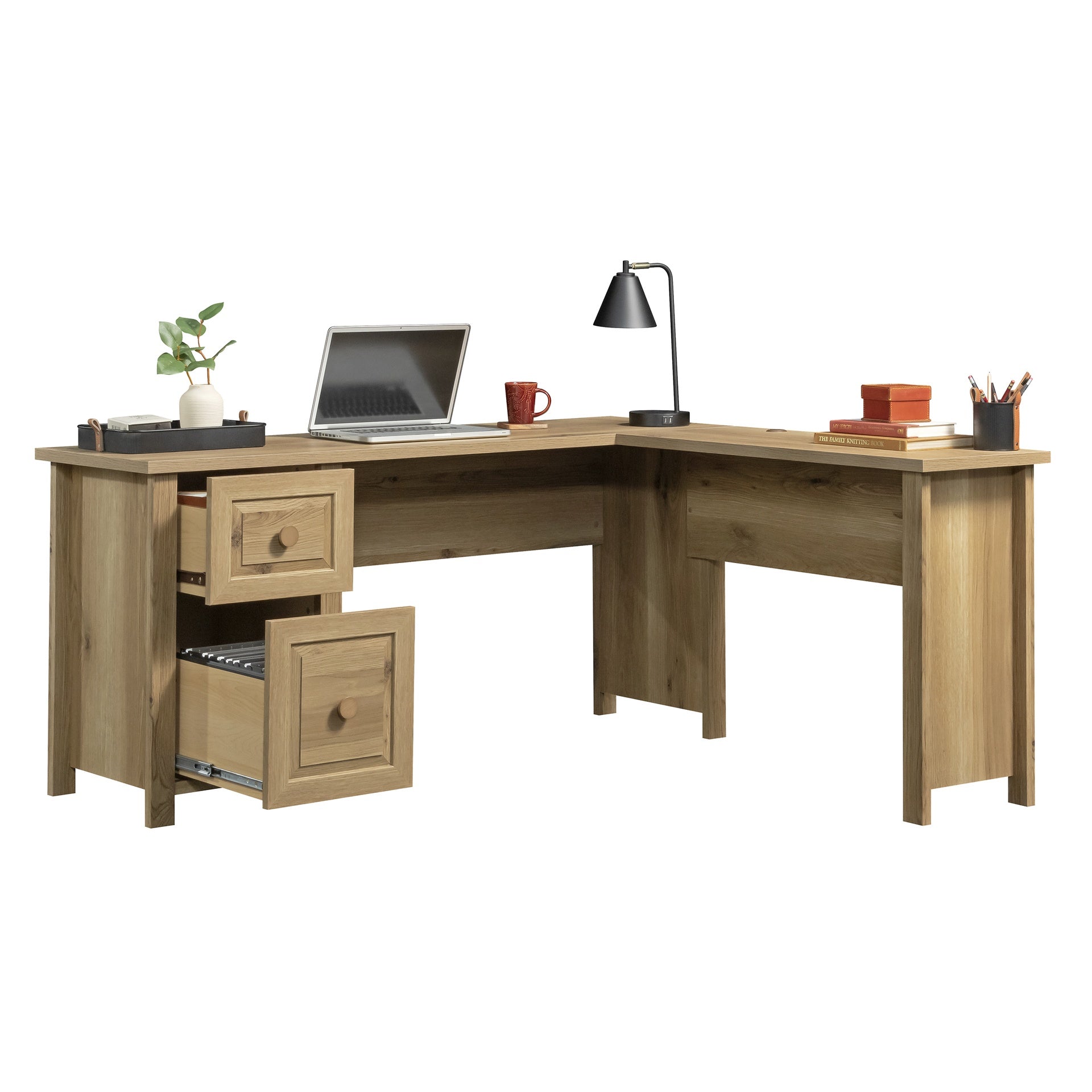 L-Shaped Desk with 1-Inch Thick Surface, Brown finish