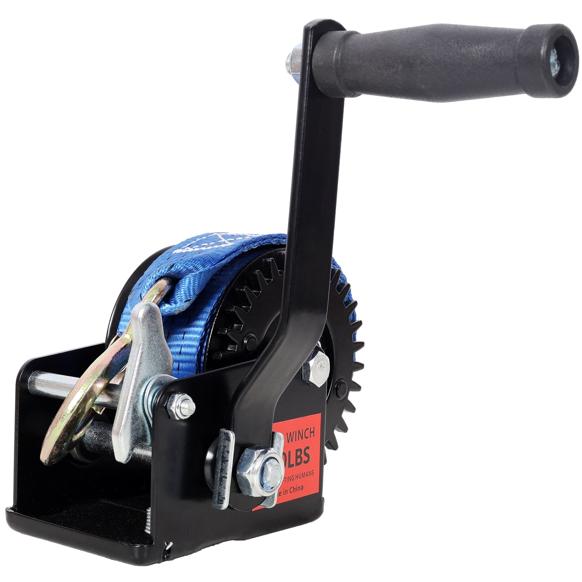 800LBS Hand Winch,with 19.6FT Blue Strap,Black Shell,3.1:1 Gear Ratio Portable Winch,Two-Way Ratchet,Manual Operated Hand Crank Winch for Trailer, Boat or ATV Towing