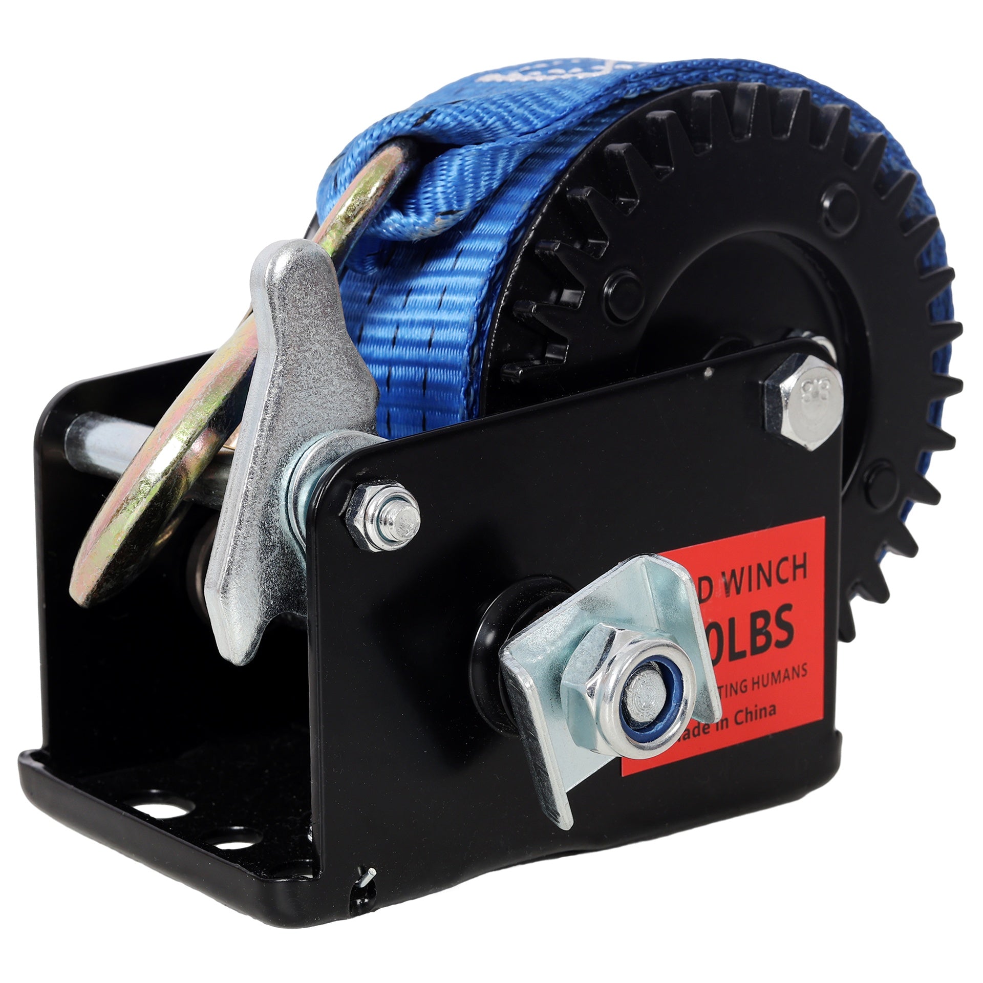 800LBS Hand Winch,with 19.6FT Blue Strap,Black Shell,3.1:1 Gear Ratio Portable Winch,Two-Way Ratchet,Manual Operated Hand Crank Winch for Trailer, Boat or ATV Towing