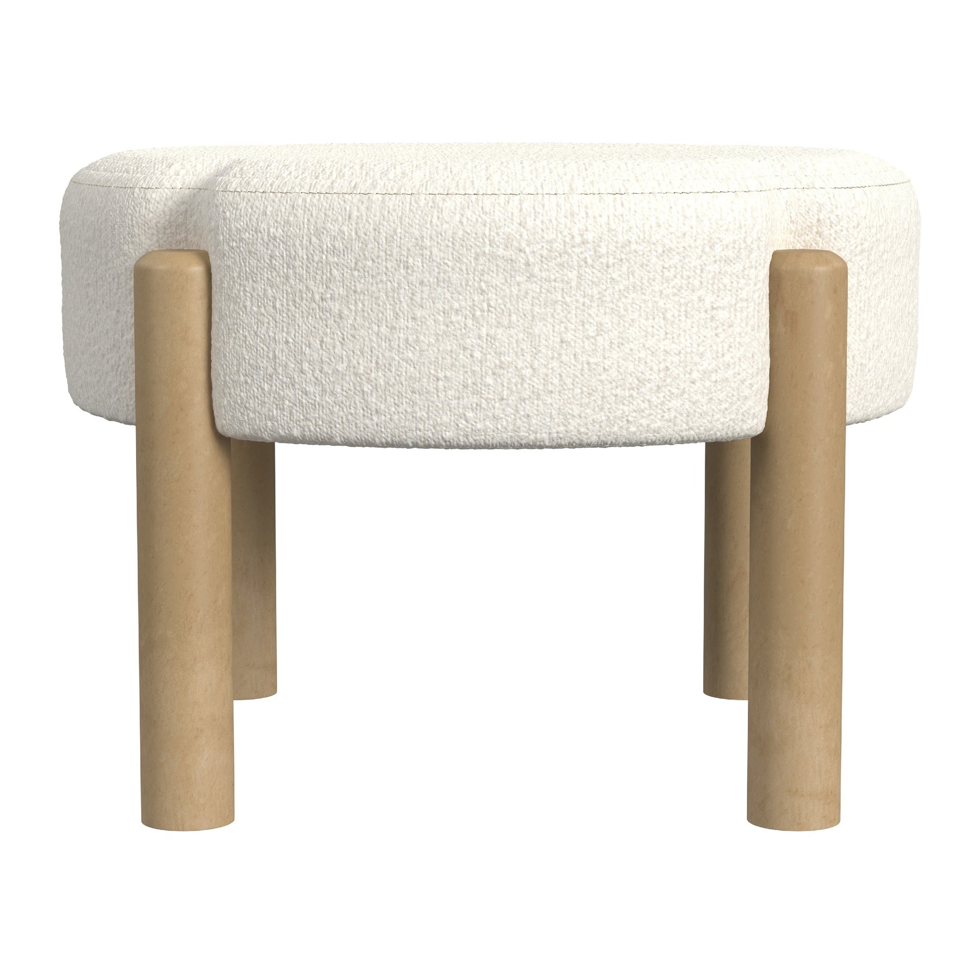 Eli 22 Inch Ottoman Footstool, Cream Boucle and Natural Brown Hardwood