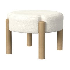 Eli 22 Inch Ottoman Footstool, Cream Boucle and Natural Brown Hardwood