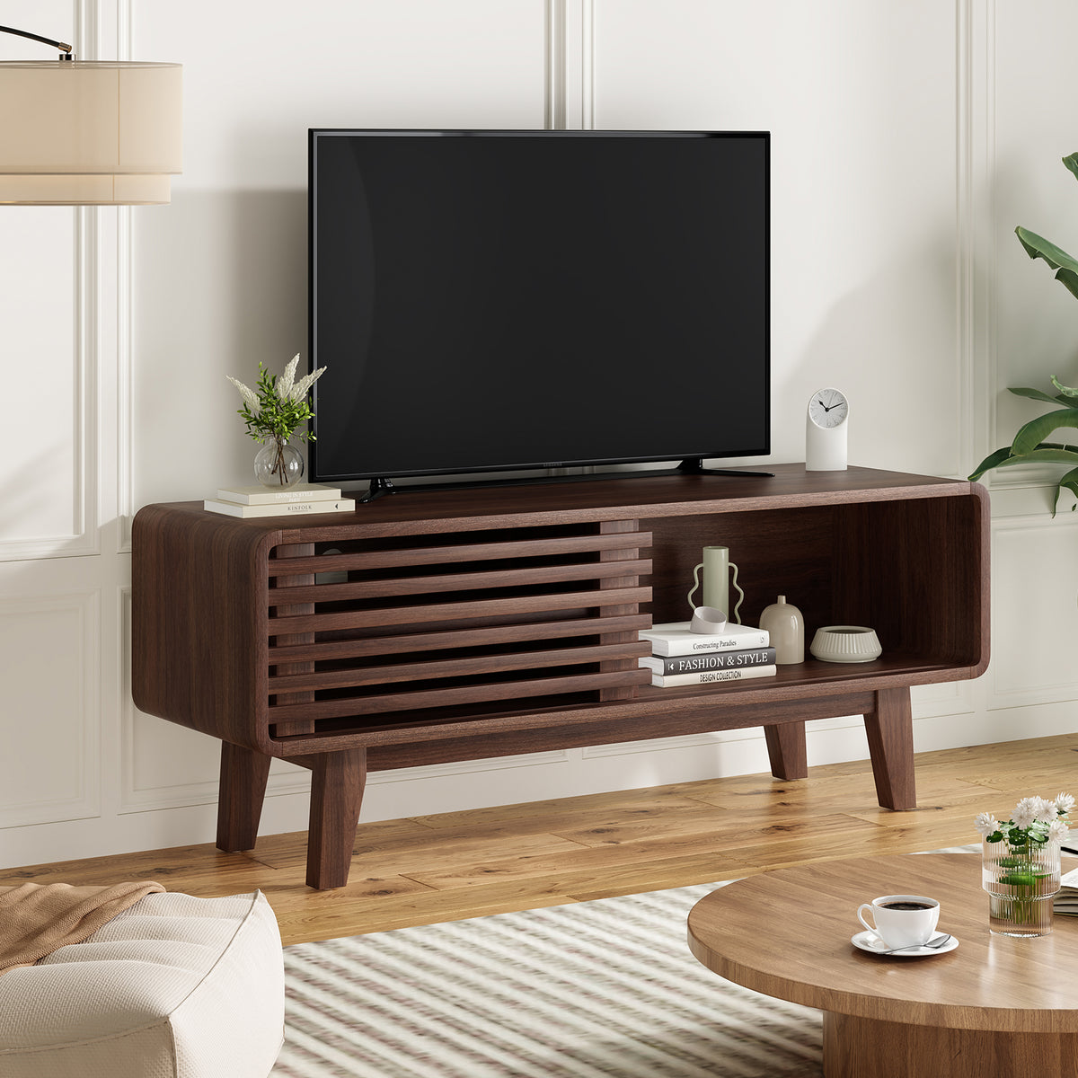 TV Stand for TV Up to 59 Inch, Entertainment Center with Storage Cabinet and Sliding Door, Mid-Modern Century Console Table for Living Room, Bedroom