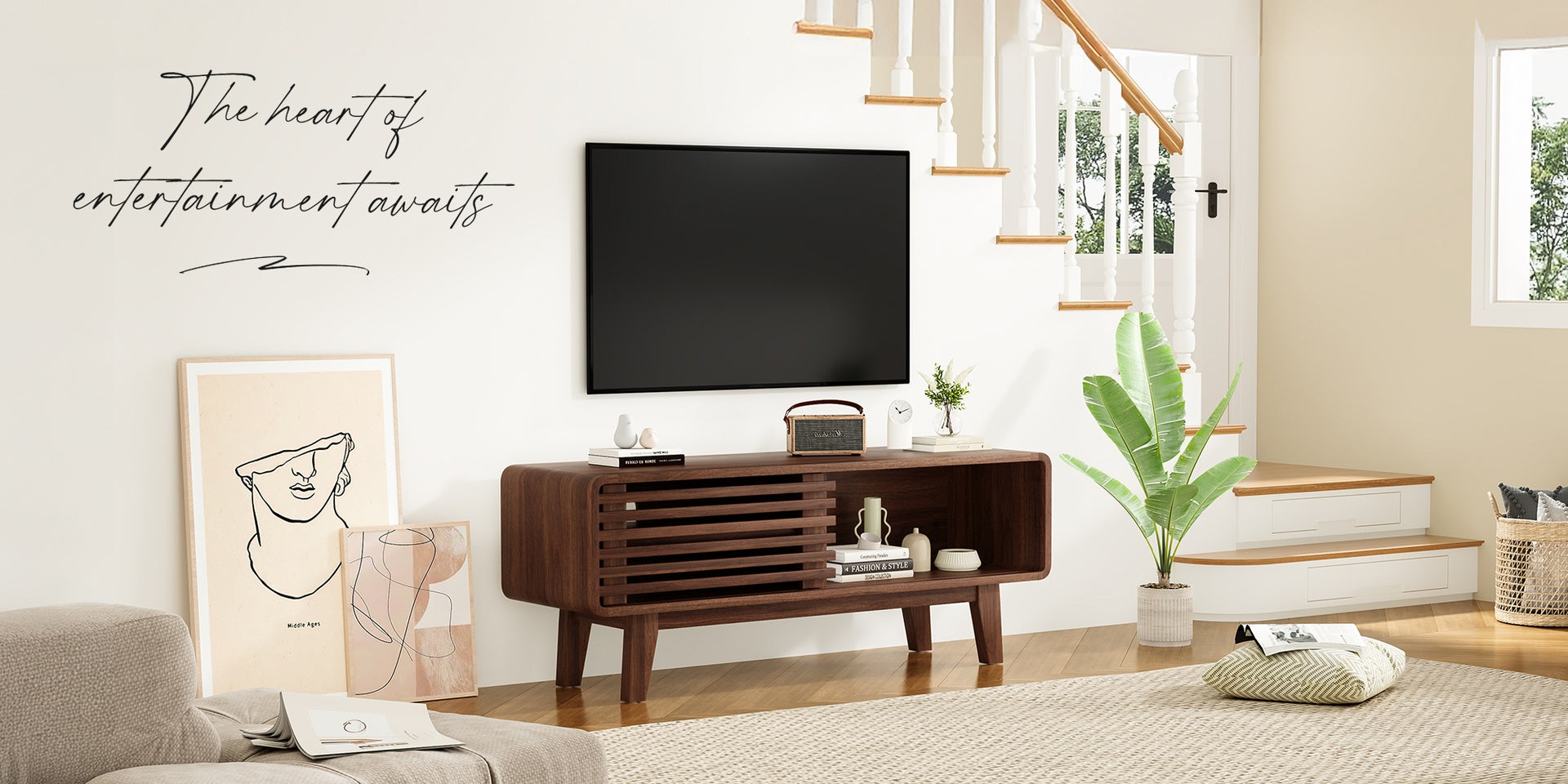 TV Stand for TV Up to 59 Inch, Entertainment Center with Storage Cabinet and Sliding Door, Mid-Modern Century Console Table for Living Room, Bedroom