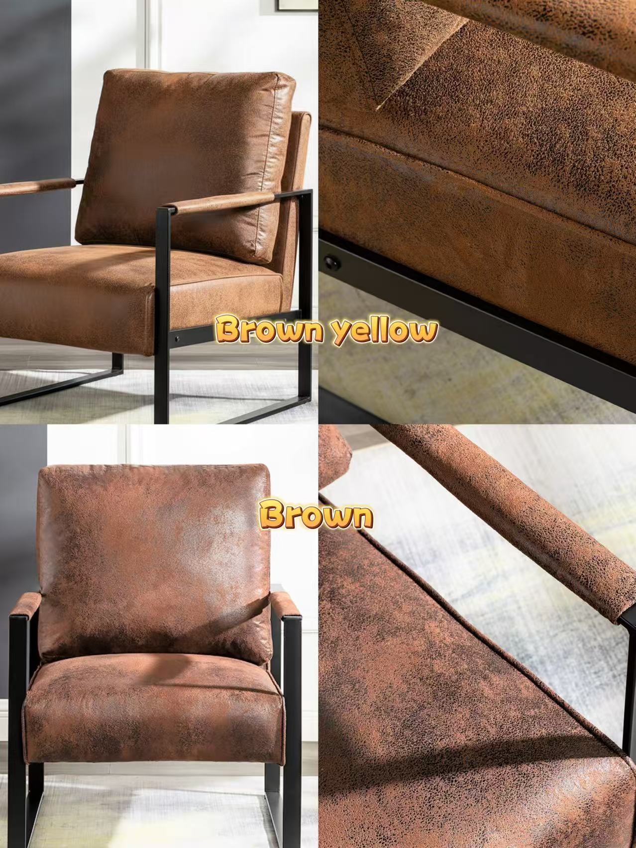 Classic Mid Century Modern Accent Chair with Durable Square Metal Frame, Armchair for Living Room, Bedroom, Home Office in Spotted Microfiber Upholstery, Yellow Brown