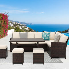 7 Piece Wicker Patio Dining Set, 9-Seat  Outdoor Sectional Ivory Cushions Sofa with Ottomans & Dining Table Porch Backyard Garden