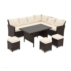 7 Piece Wicker Patio Dining Set, 9-Seat  Outdoor Sectional Ivory Cushions Sofa with Ottomans & Dining Table Porch Backyard Garden