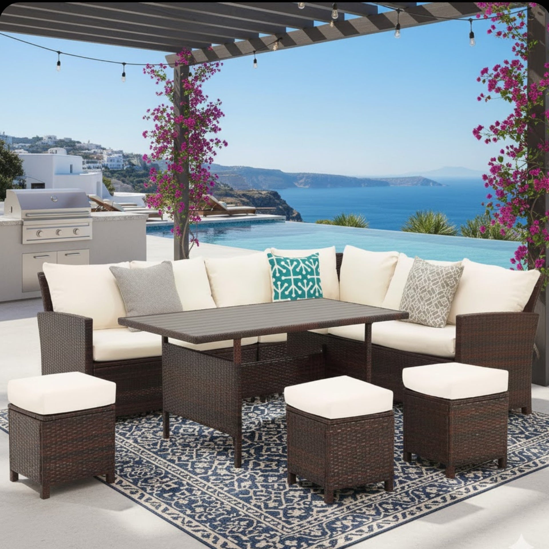 7 Piece Wicker Patio Dining Set, 9-Seat  Outdoor Sectional Ivory Cushions Sofa with Ottomans & Dining Table Porch Backyard Garden
