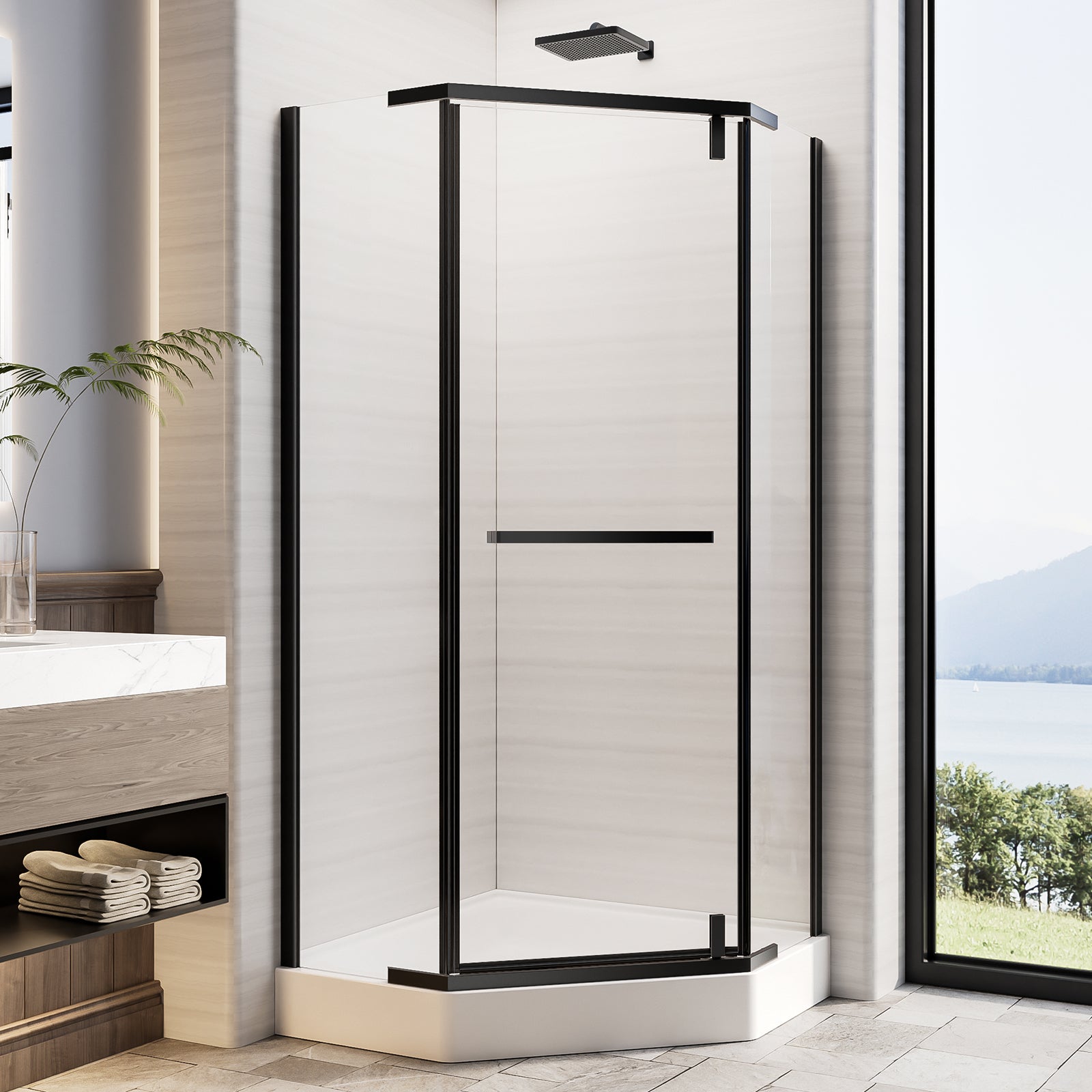 36"D X 36"W X 72"H Neo-Angle Shower Door, 1/4" Tempered Glass With Explosion-Proof Film, Black Stainless Steel Frame