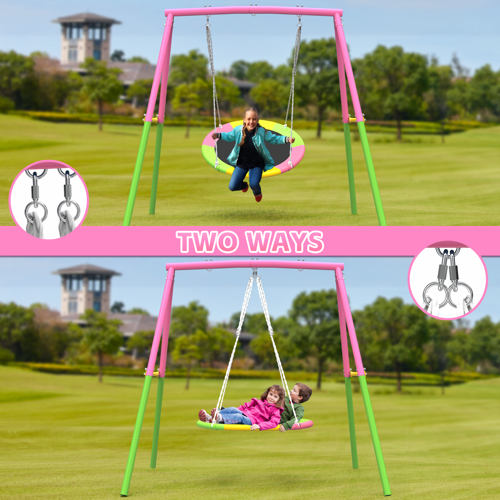 Flying Saucer Swing Set with Heavy Duty A-Frame Metal Swing Stand, Full Steel, Outdoor for Kids, Backyard, Playground, Outdoor
