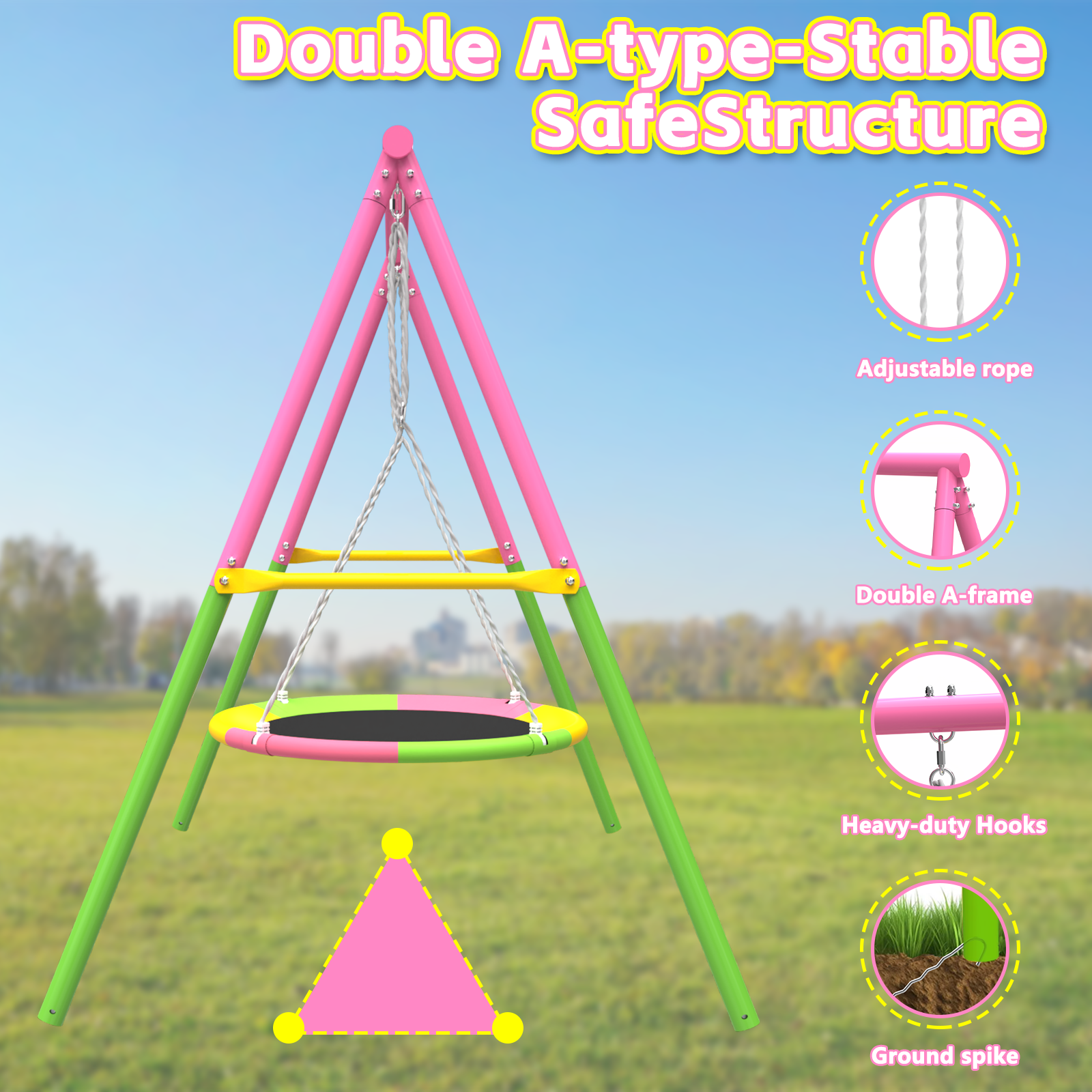 Flying Saucer Swing Set with Heavy Duty A-Frame Metal Swing Stand, Full Steel, Outdoor for Kids, Backyard, Playground, Outdoor