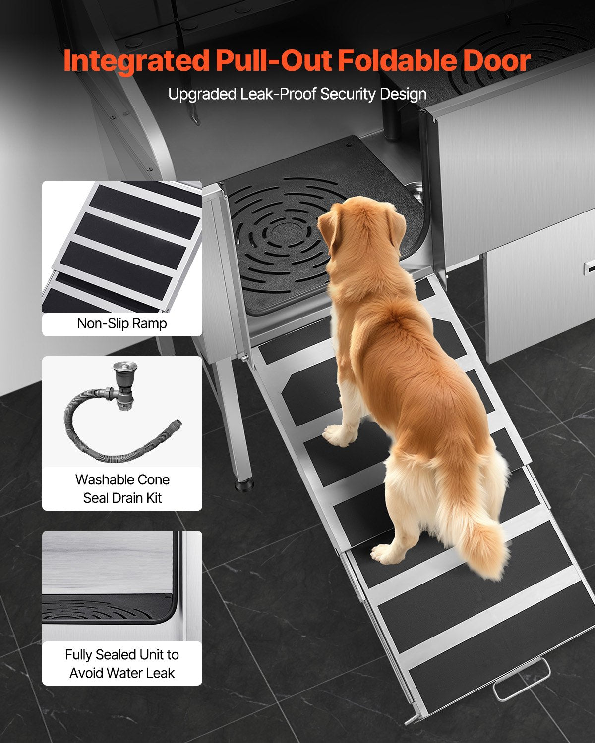 61 Inch Dog Grooming Bath Tub Stainless Steel w Ramp Water Filter Left