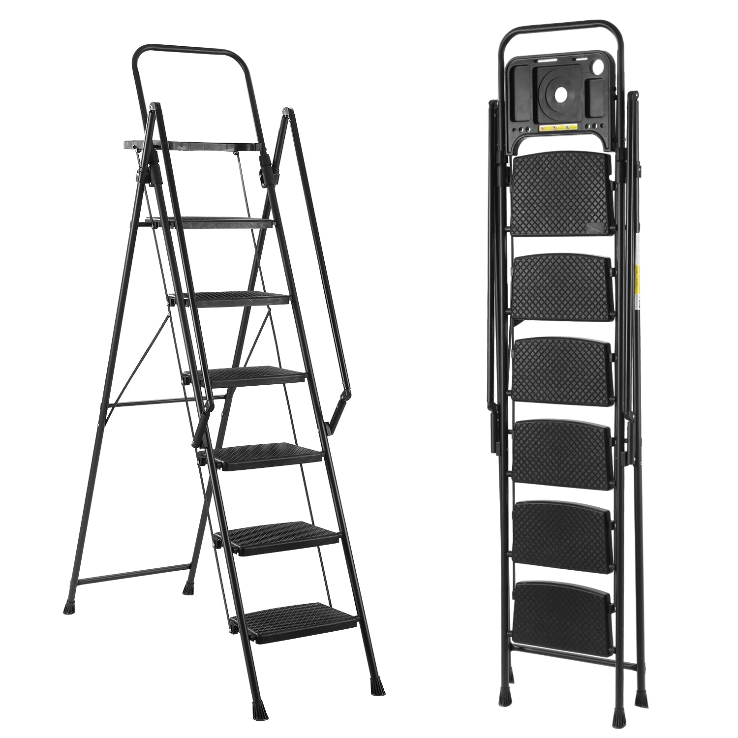 Folding step stool with bandwidth anti slip pedals and tool trays, lightweight and portable steel step stool, perfect for kitchen and home, indoor and outdoor use, sturdy steel steps (6 levels)
