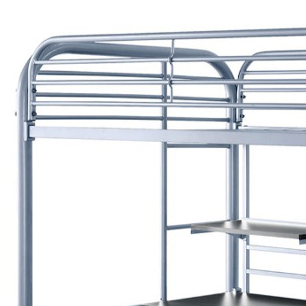 Metal Frame Twin Size Loft Bed with 2 Attached Ladders, Silver
