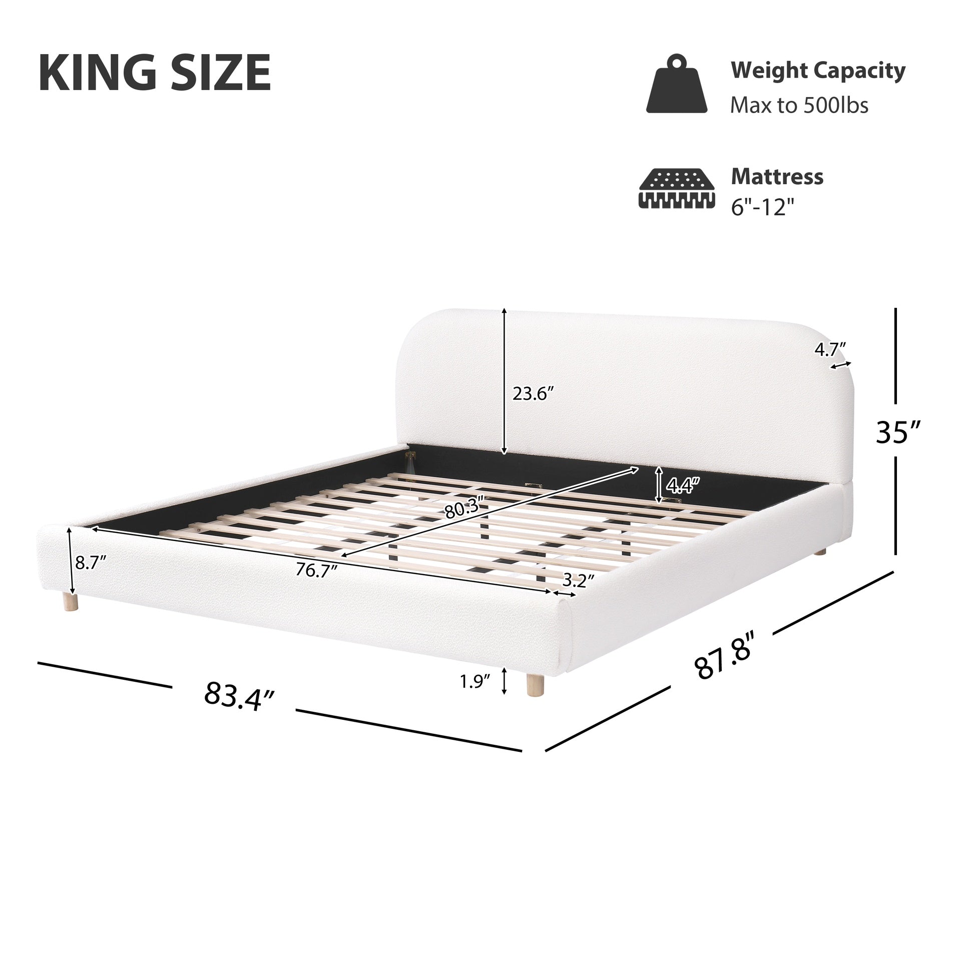 King Size Platform Bed with Boucle Fabric, Boucle Fabric Upholstered Platform Bed with Curve-Shaped Design Headboard, White, Easy Assembly