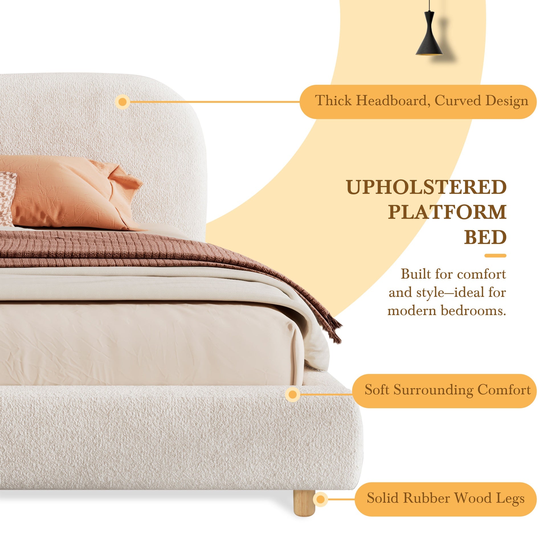 King Size Platform Bed with Boucle Fabric, Boucle Fabric Upholstered Platform Bed with Curve-Shaped Design Headboard, White, Easy Assembly