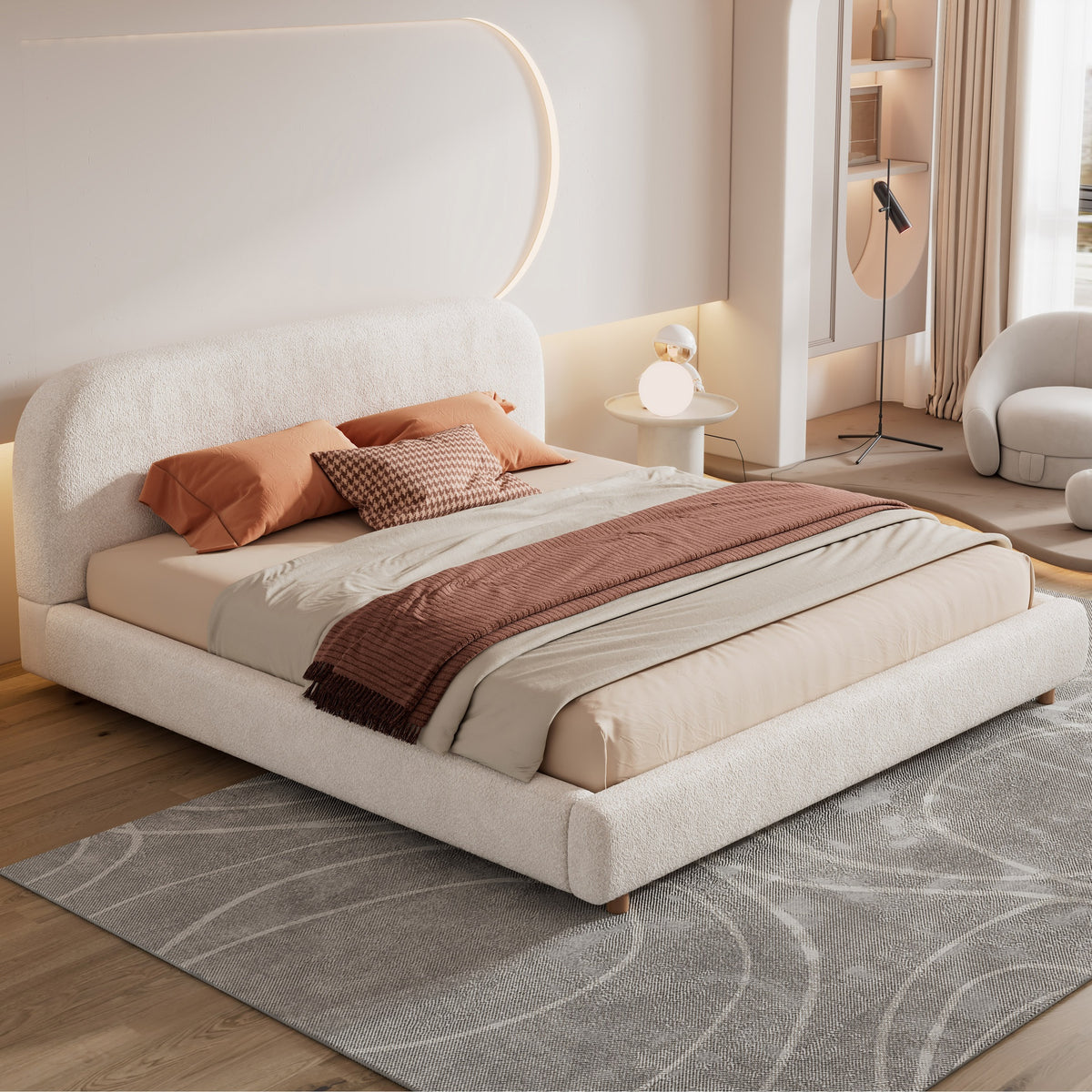 King Size Platform Bed with Boucle Fabric, Boucle Fabric Upholstered Platform Bed with Curve-Shaped Design Headboard, White, Easy Assembly