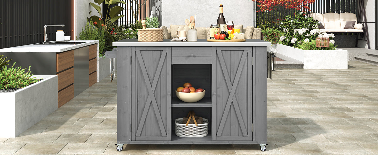 Outdoor Kitchen Island Fir Wood Kitchen Island with Stainless Steel Top, Ample Storage Space, Towel and Spice Racks and a Bottle Opener for Outdoor, Grey