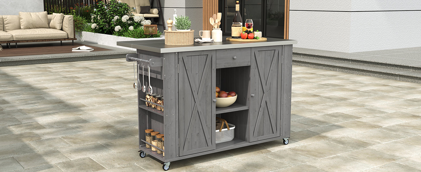 Outdoor Kitchen Island Fir Wood Kitchen Island with Stainless Steel Top, Ample Storage Space, Towel and Spice Racks and a Bottle Opener for Outdoor, Grey