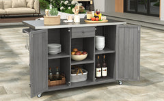 Outdoor Kitchen Island Fir Wood Kitchen Island with Stainless Steel Top, Ample Storage Space, Towel and Spice Racks and a Bottle Opener for Outdoor, Grey
