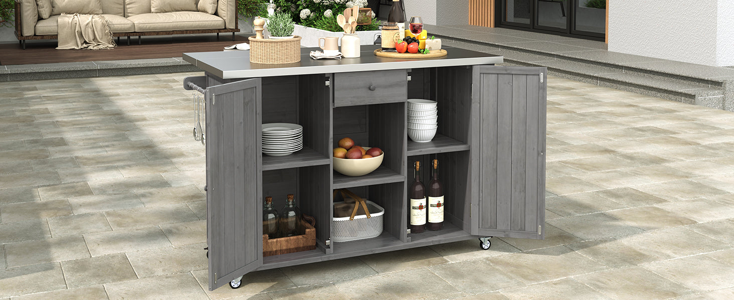 Outdoor Kitchen Island Fir Wood Kitchen Island with Stainless Steel Top, Ample Storage Space, Towel and Spice Racks and a Bottle Opener for Outdoor, Grey