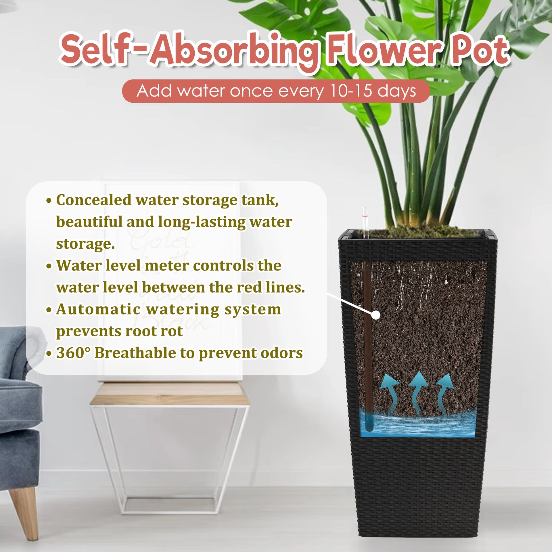 30 in Tall Large Flower Pots Planter with Self-Watering Drainage Holes&Inner Trays Indoor Outdoor Plant Pot with Drain Holes, Water Level Monitor,Inner Bucket for Garden, Patio, Porch, Backyard, Black