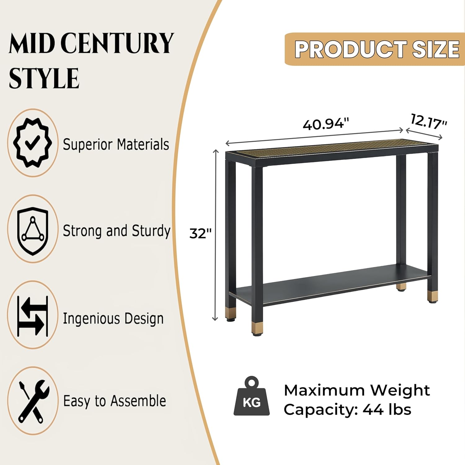 Glass Entryway Table, 2-Tier Entry Way Console Entrance Table, 41"L Narrow Sofa Table with Shelves, Ideal for Hallway, Entryway, Living Room, Foyer, Corridor, and Office (Gold & Black)