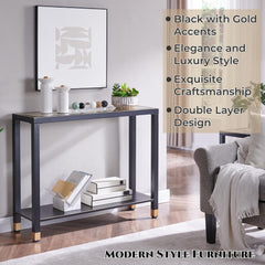 Glass Entryway Table, 2-Tier Entry Way Console Entrance Table, 41"L Narrow Sofa Table with Shelves, Ideal for Hallway, Entryway, Living Room, Foyer, Corridor, and Office (Gold & Black)