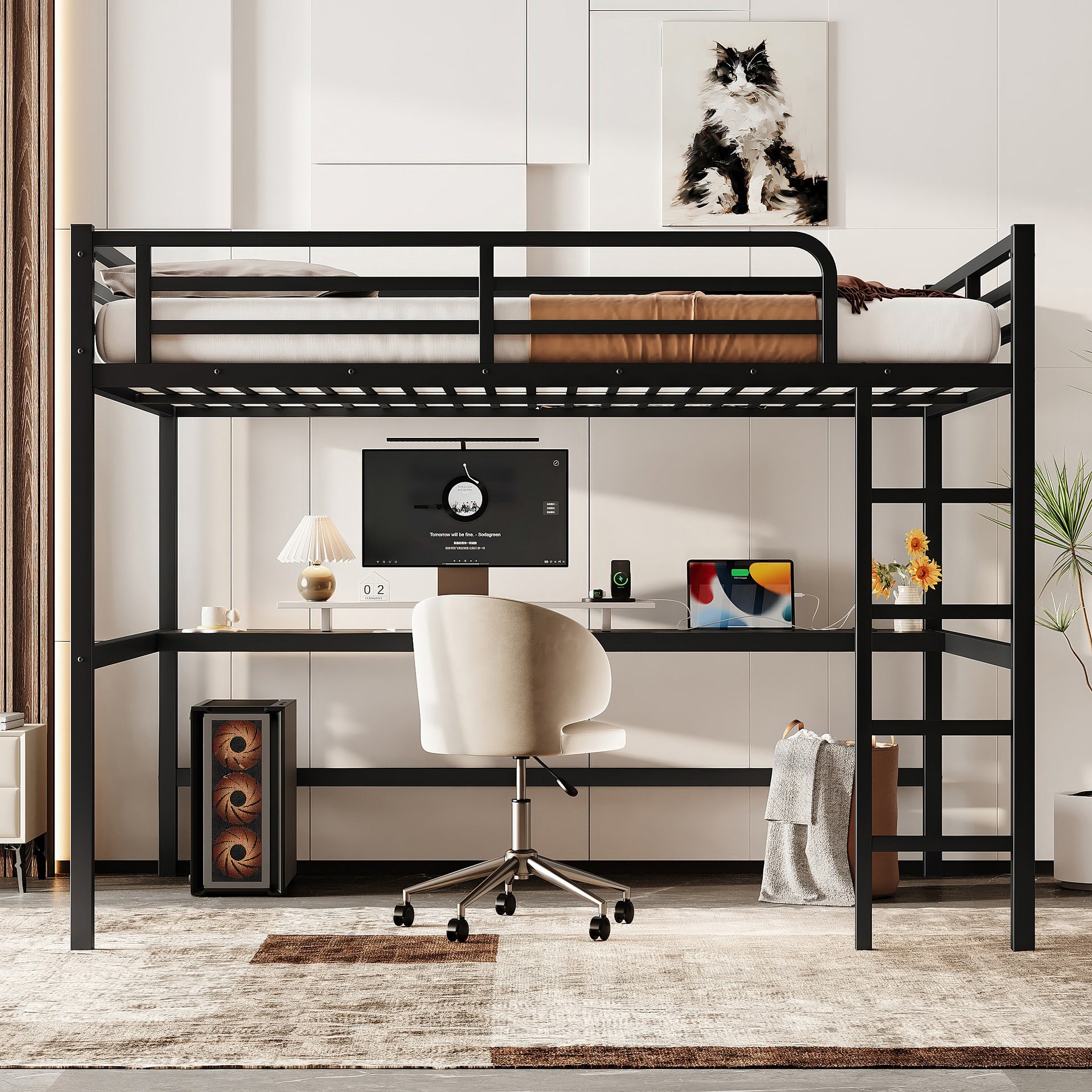 Metal Queen Size Loft Bed with Power Outlet and LED Lighted, Space-Saving, Noise Reduced, Black