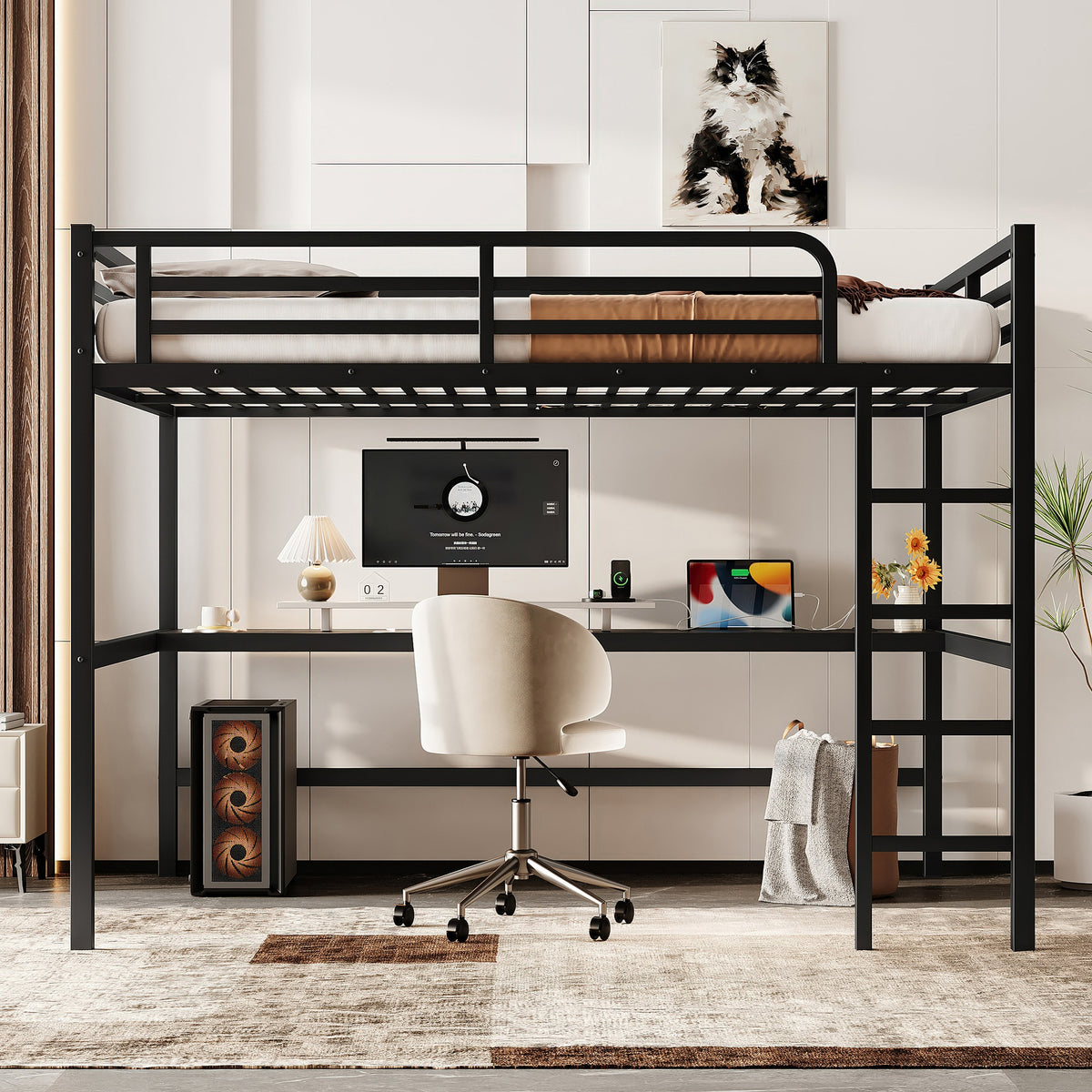 Metal Queen Size Loft Bed with Power Outlet and LED Lighted, Space-Saving, Noise Reduced, Black