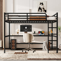 Metal Queen Size Loft Bed with Power Outlet and LED Lighted, Space-Saving, Noise Reduced, Black
