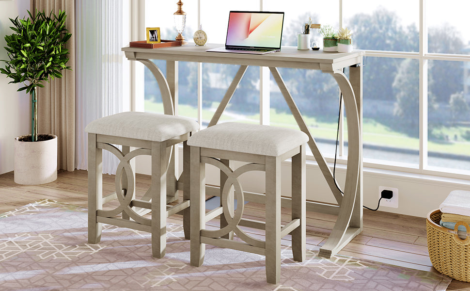 TOPMAX Farmhouse 3-Piece Counter Height Dining Table Set with USB Port and Upholstered Stools,Milky White