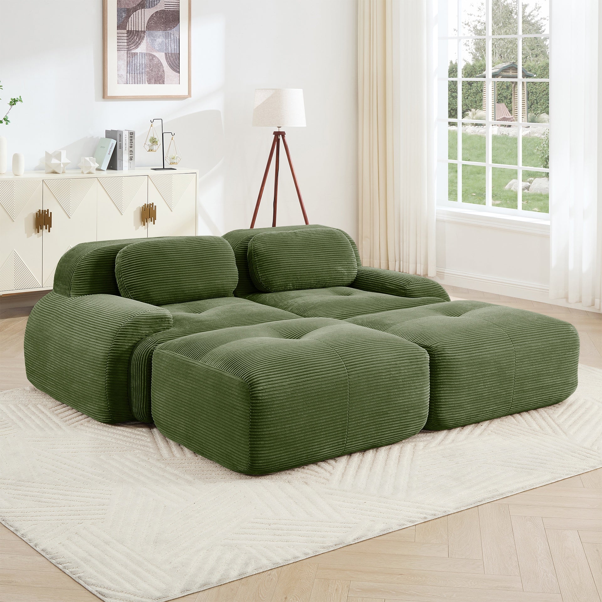 2-seat sofa in luxuryCorduroy Fabric fabric modular multi-combination anti-slip design assembly chaise lounge curved armrests ergonomic support high-resilience sponge living rooms bedrooms,Olive green