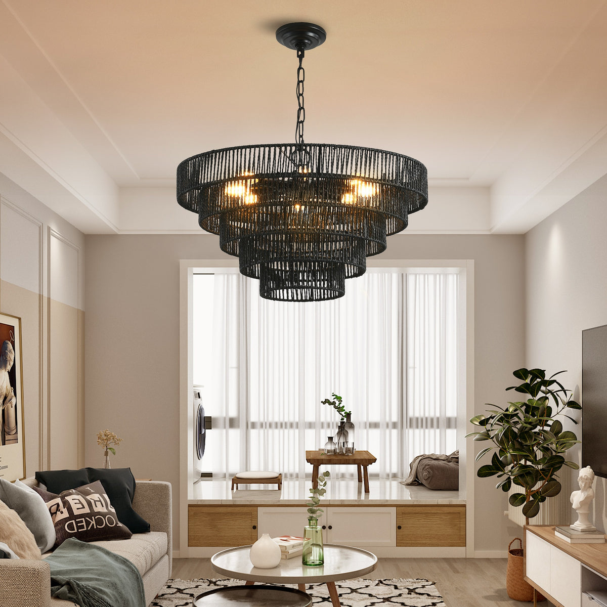 24" Rustic 5-Tier Black Hemp Rope Pendant Light Chandelier with 8 E12 Sockets, Boho Farmhouse Ceiling Fixture for Dining Room, Kitchen, or Entryway (Bulb Not Included)