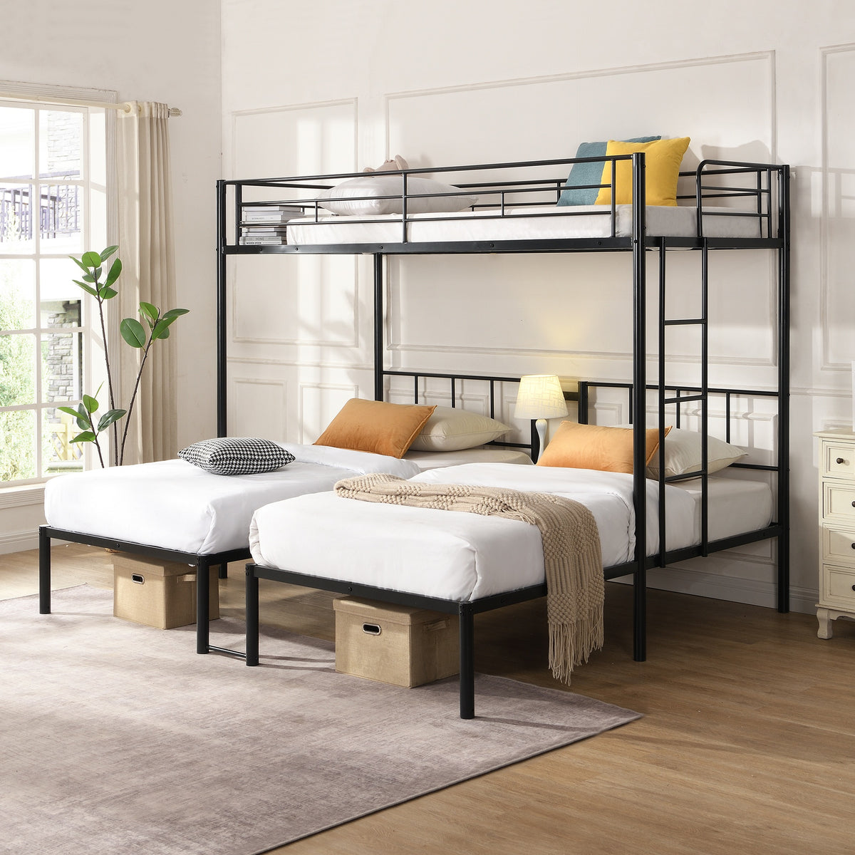 Twin Over Twin Over Twin Bunk Bed ,Triple Bunk Bed With a vertical ladder, Metal Frame Bunk Bed with Safety Rail, Twin Over Twin Over Twin Triple Bunk