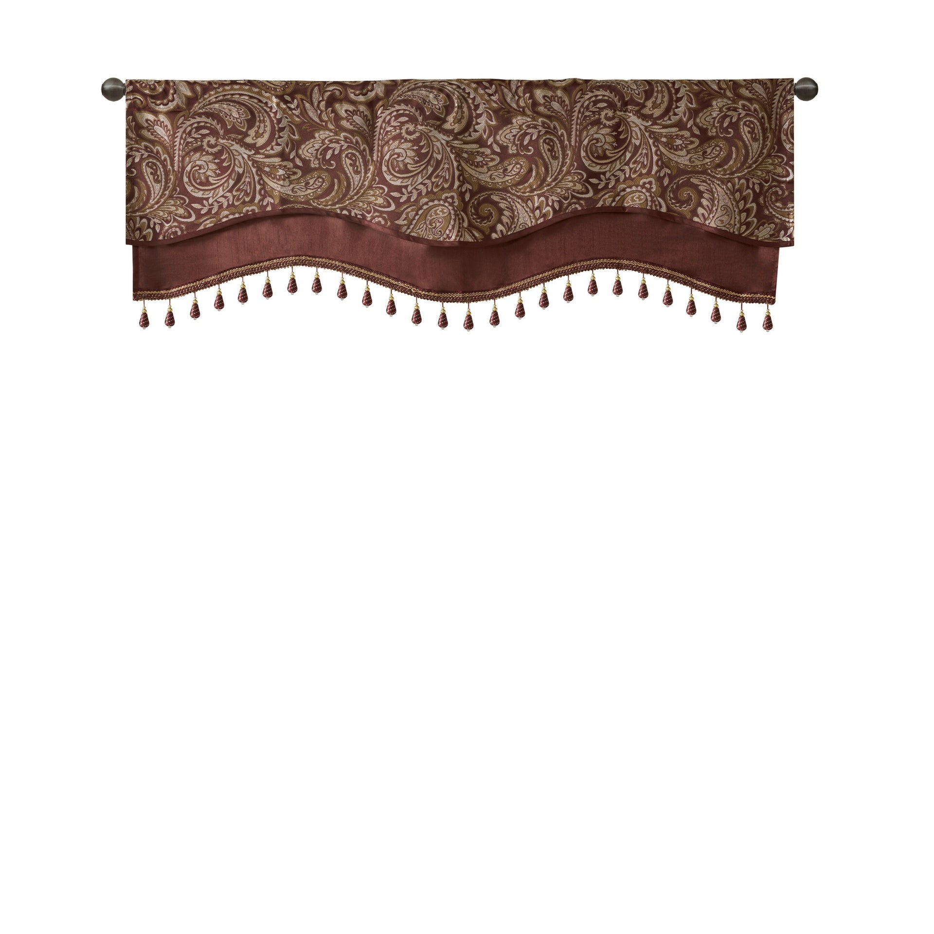 Jacquard Window Rod Pocket Valance With Beads Burgundy 50x18"