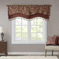 Jacquard Window Rod Pocket Valance With Beads Burgundy 50x18"