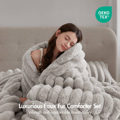 3 Pieces King Ultrasoft Faux Fur Ribbed Comforter Set,Light Gray