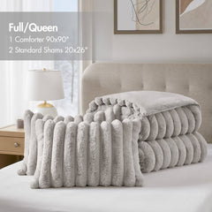 3 Pieces King Ultrasoft Faux Fur Ribbed Comforter Set,Light Gray
