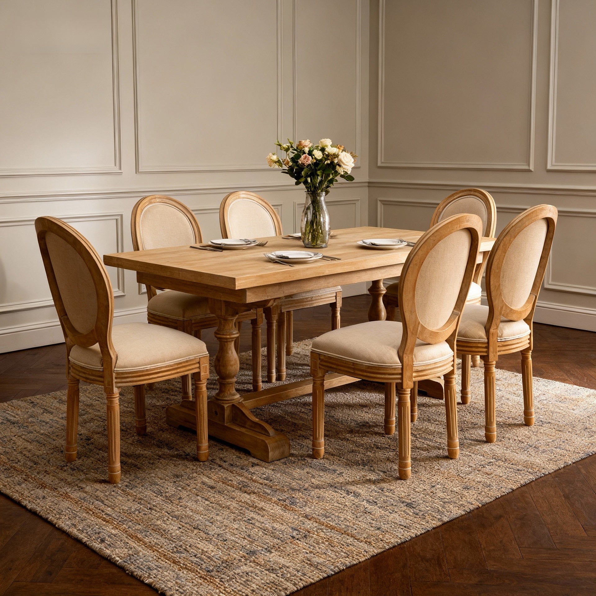 French Style Solid Wood Frame  Linen Fabric Oval Back Dining Chair,Set of 2,Beige